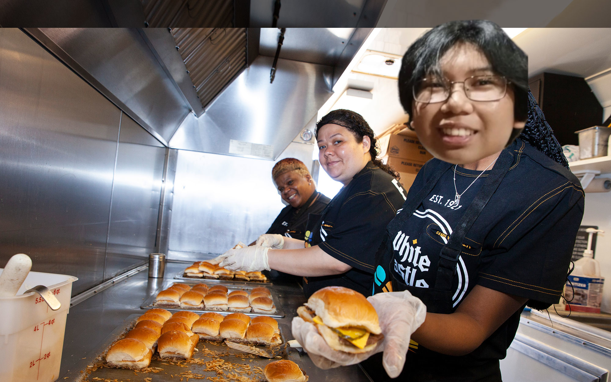 White Castle staff preparing sliders in a kitchen